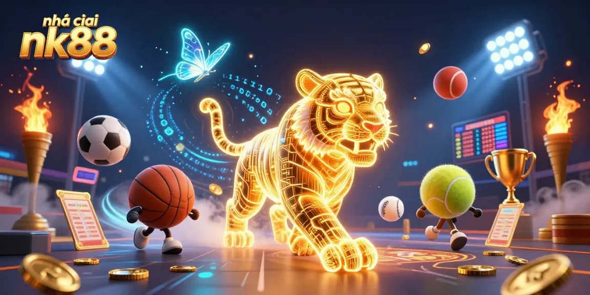 Bet on excitement with nhà cái nk88, featuring vibrant 3D sports scenes and engaging betting elements.
