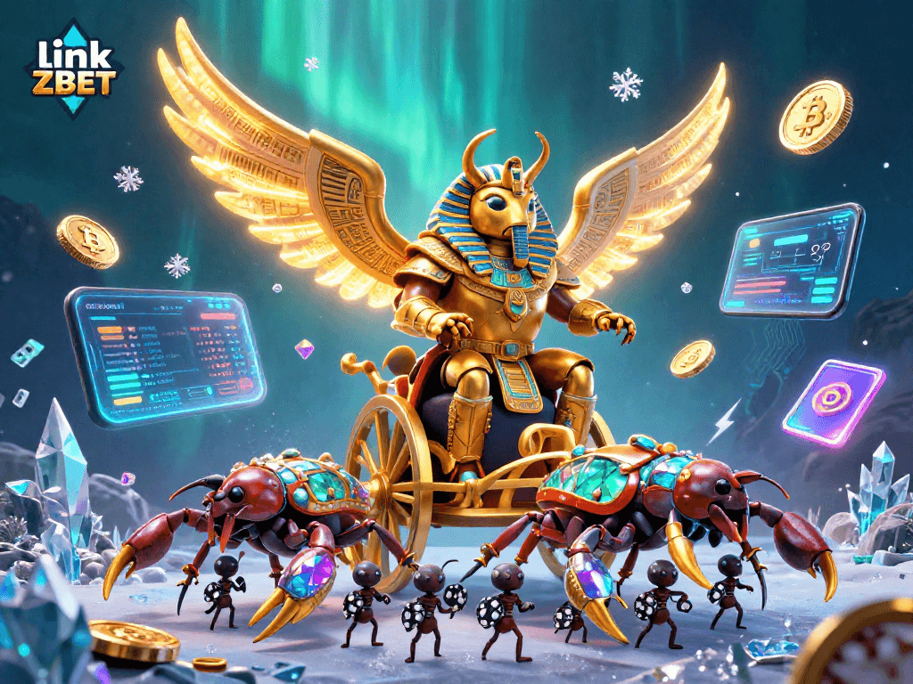 Experience the excitement of gaming with link ZBET's golden scarab chariot and crypto elements.
