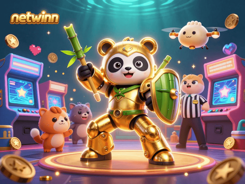 Experience thrilling gameplay with netwinn's dynamic casino arena illustration featuring a golden panda mech-suit.