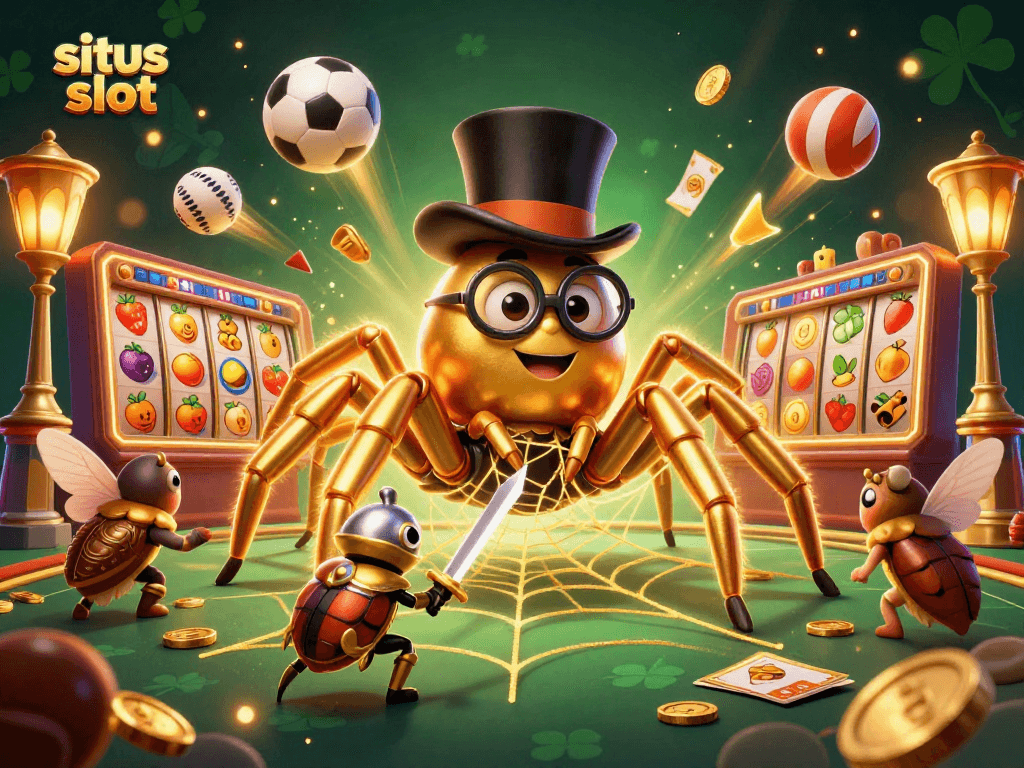 Engage in situs slot play with a giant golden tarantula, iconic beetle knight, and vibrant gaming elements.