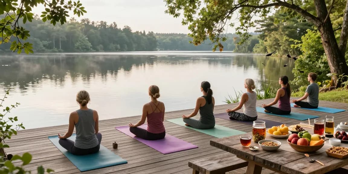 Participants practicing yoga during a wellness retreat at a serene lakeside, surrounded by nature and a healthy brunch spread.