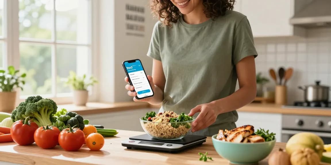 The best macro tracker app in use while preparing a healthy meal with fresh ingredients.