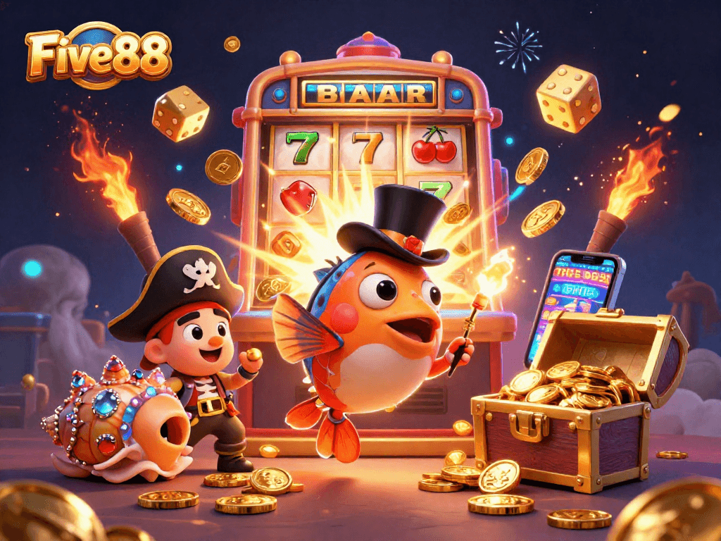 Five88 showcases a dynamic casino scene with vibrant characters and gaming elements, optimized for excitement.