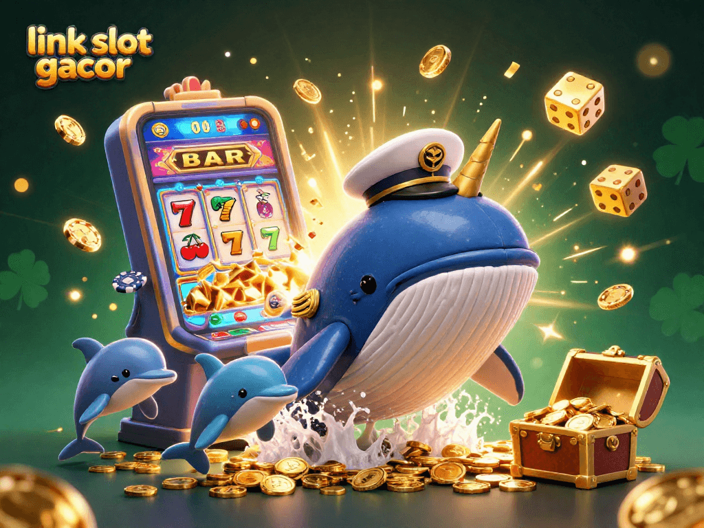 Experience the thrill of link slot gacor with a dazzling whale and gaming action illustration.