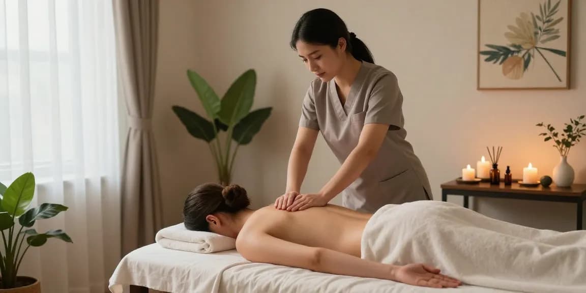 마사지 중인 전문 치료사와 편안한 고객의 모습, 아늑한 스파 환경
