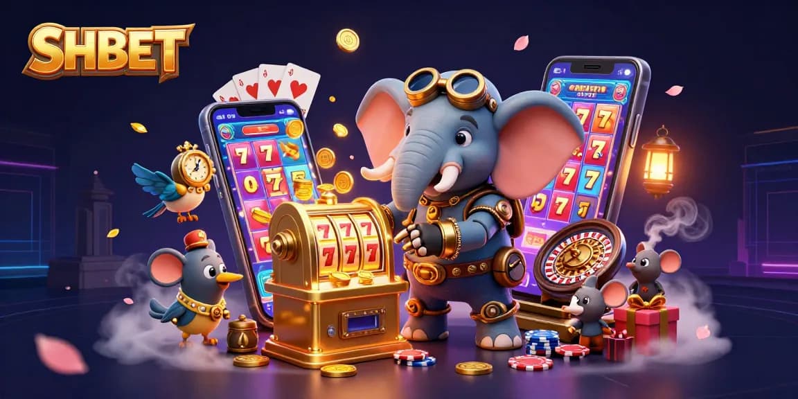 Engage with SHBET through this vibrant 3D casino scene showcasing a steampunk elephant at a golden slot machine.