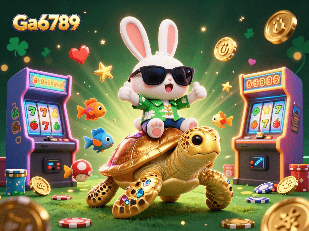 Join the Ga6789 adventure with a lucky rabbit and golden turtle among slot machines.