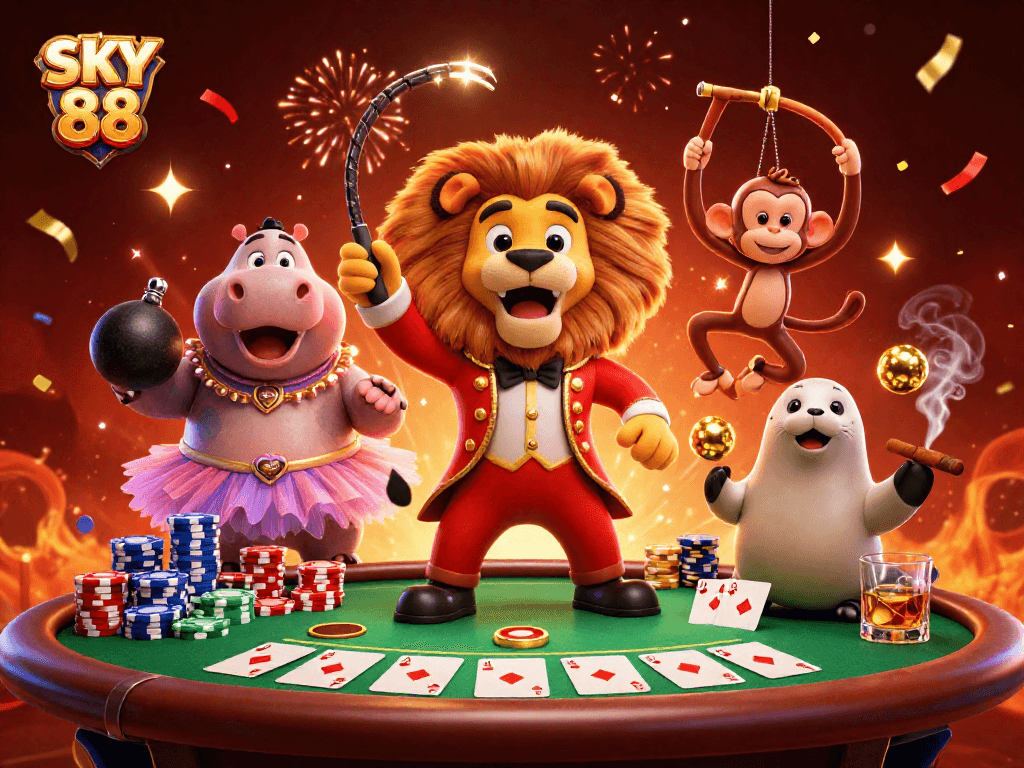 Experience thrilling poker action with SKY 88 in a vibrant circus-themed illustration.