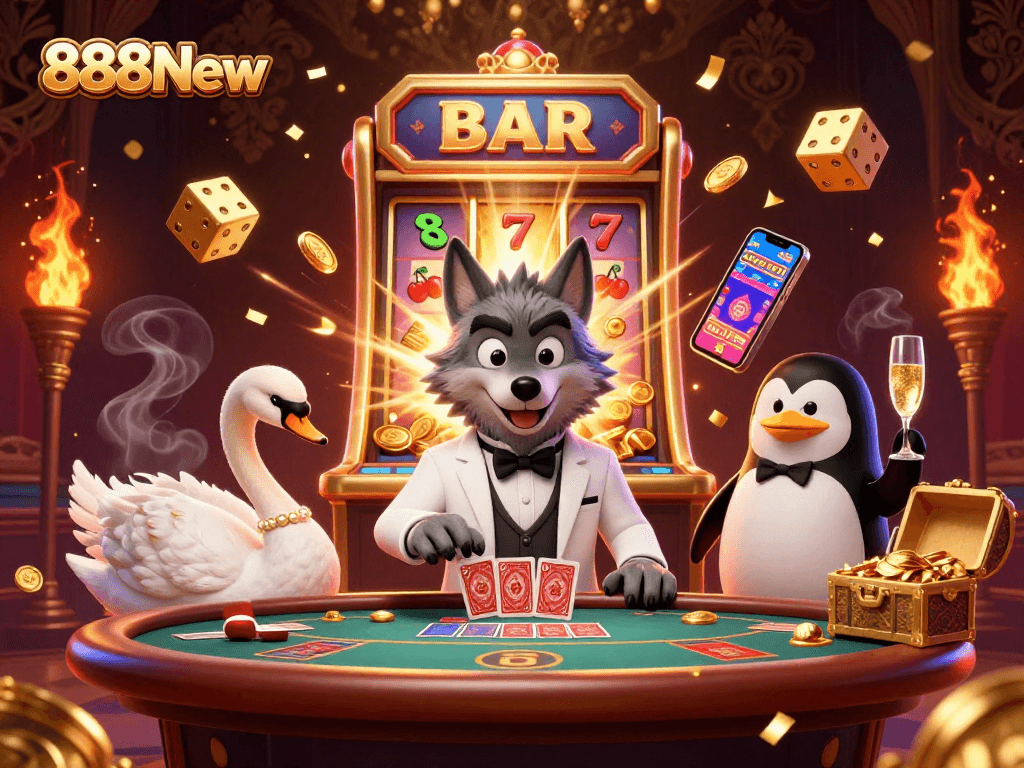 Play lively games with 888New's vibrant casino scene featuring a wolf, swan, and penguin.