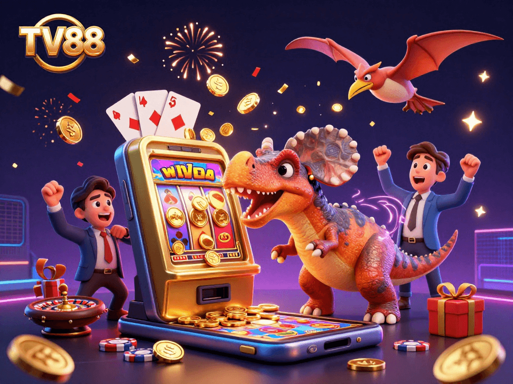 TV88 players enjoy exhilarating jackpot wins with colorful slot machines and festive coins raining down.