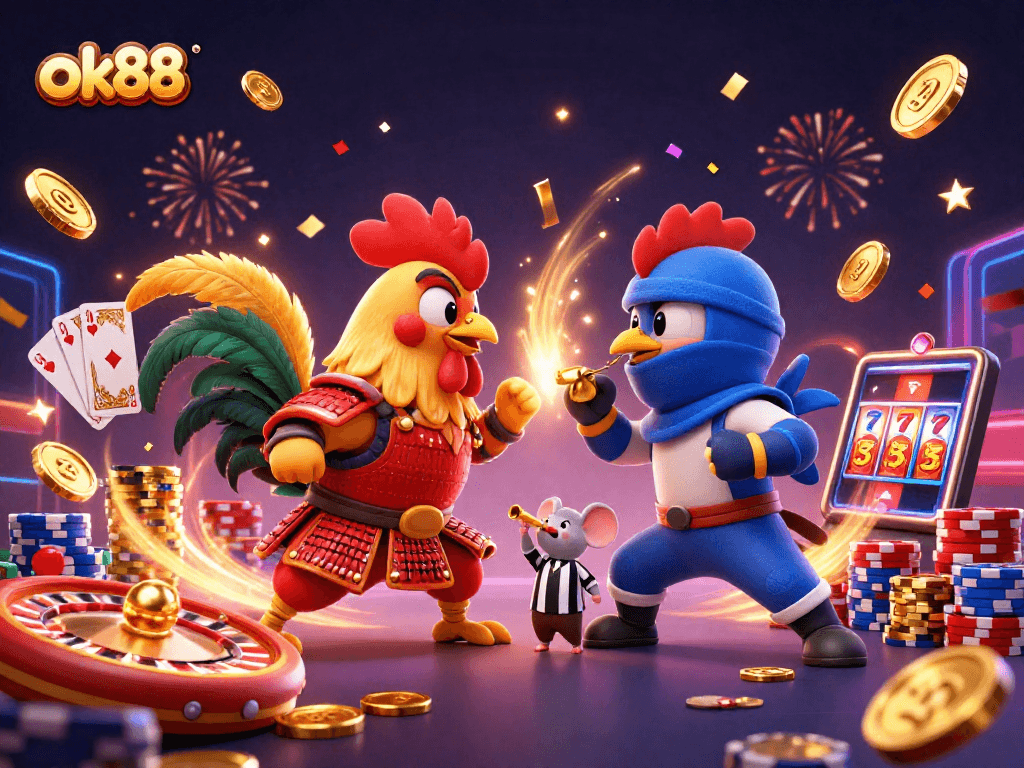 Experience thrilling action at ok88 with cartoon roosters clashing in a gambling showdown.