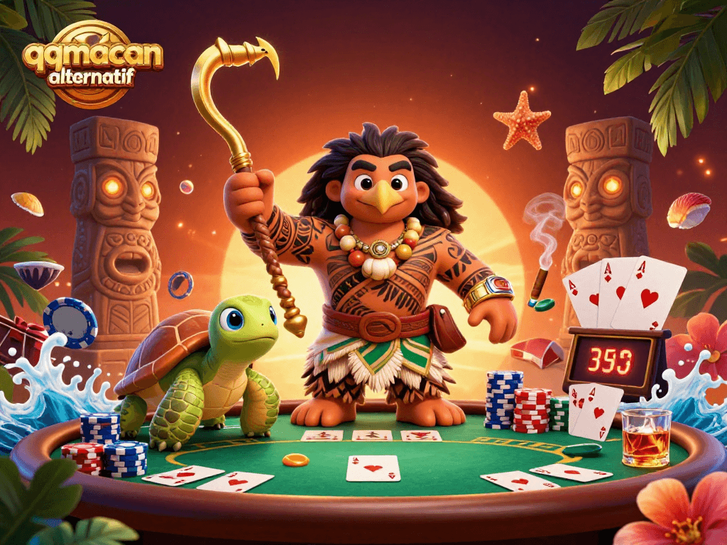 Experience excitement with qqmacan alternatif at a vibrant poker scene featuring unique characters.