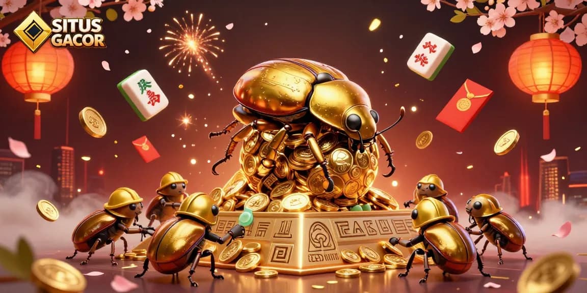 SITUS GACOR showcases a golden beetle rolling coins in a vibrant casino-themed illustration filled with game elements.
