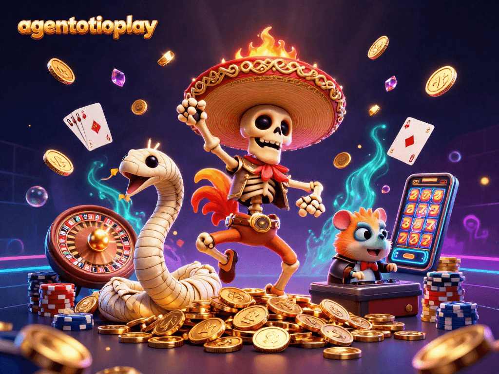 Gambarkan keseruan bermain di agentotoplay dengan karakter tiga dimensi yang menarik dan elemen kasino yang kaya.