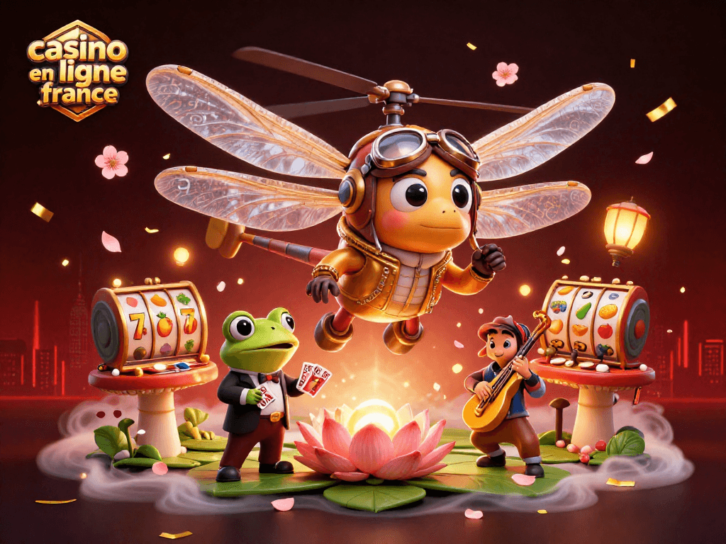 Les jeux captivants de casino en ligne France avec un pilote de libellule et un croupier grenouille interagissant.