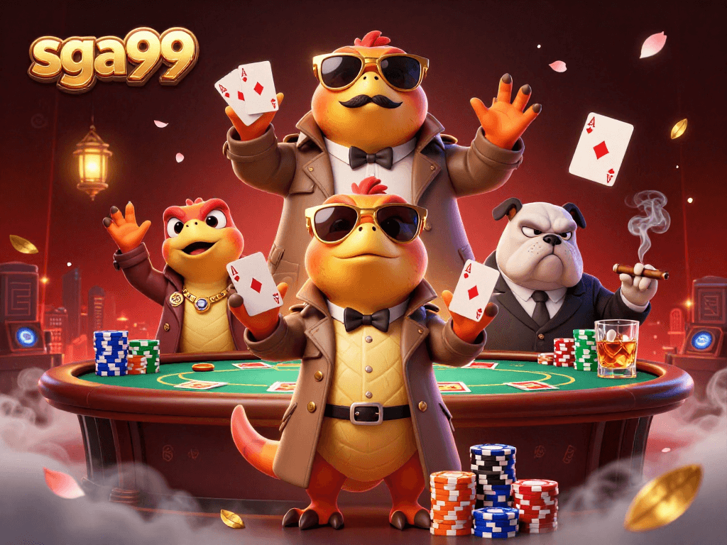 Sga99 players strategizing around a vibrant poker table in a VIP casino setting, showcasing excitement and thrill.