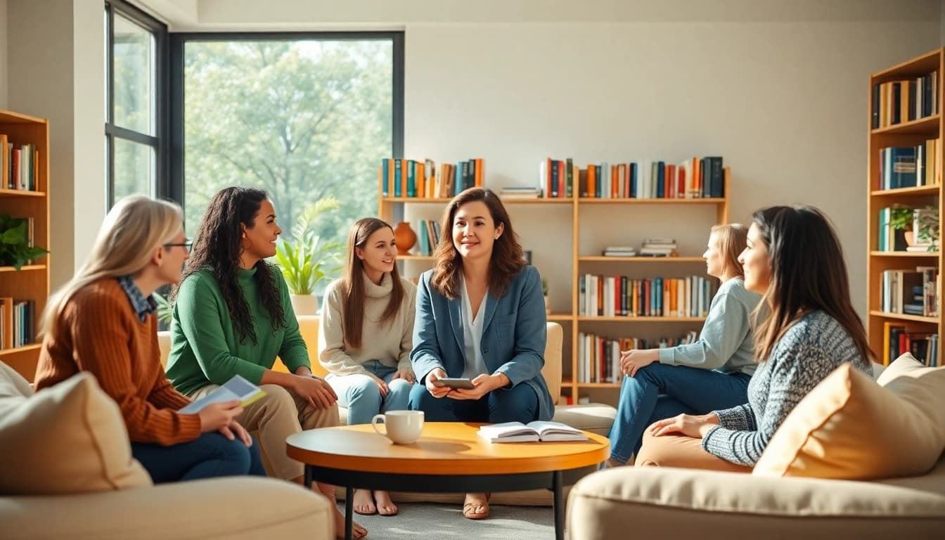 Therapist guiding adults in ADHD Therapy, promoting discussion and support in a warm office.