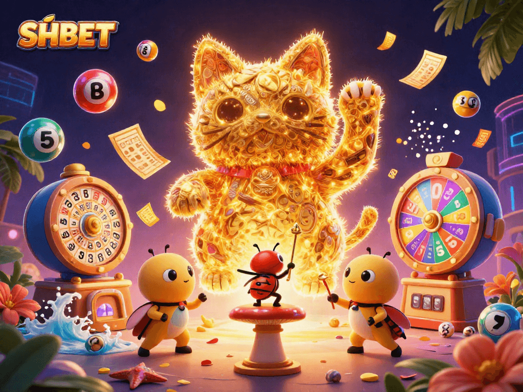 Engage with SHBET's exciting playthrough, showcasing dynamic lottery elements and a charming lucky cat.