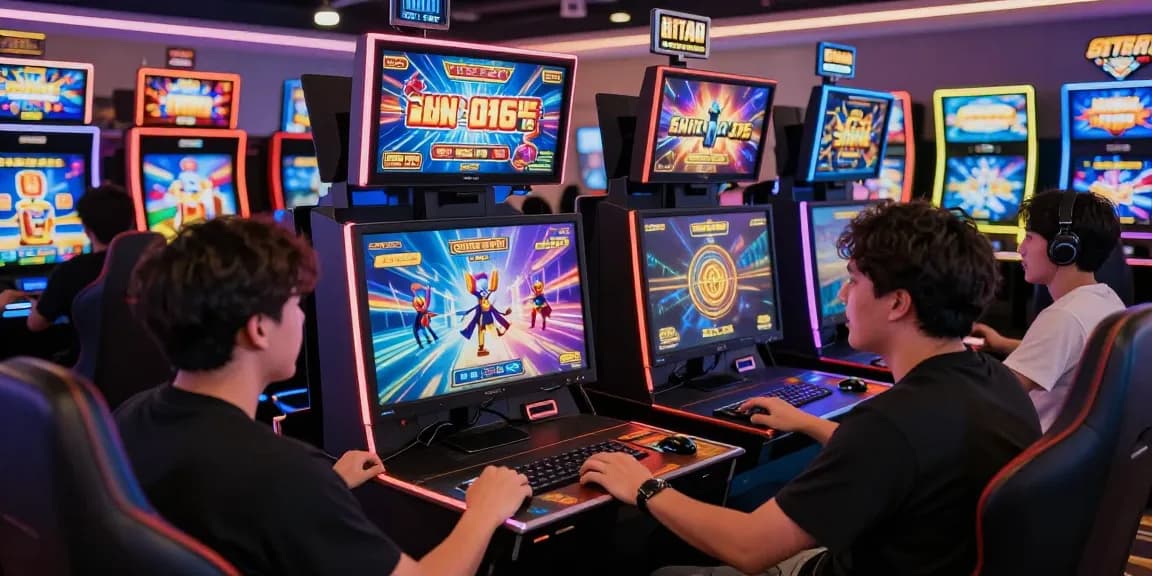Exciting online gaming scene highlighting situs slot qris with vibrant gaming setups and enthusiastic players.