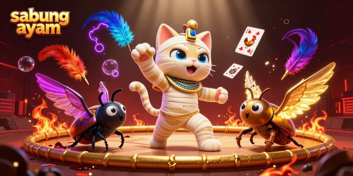 Experience thrilling sabung ayam action in a dynamic arena featuring a mummy cat and glowing scarab.