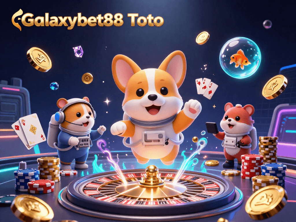 Experience Galaxybet88 Toto with floating corgi and dazzling casino elements in a vibrant 3D scene.