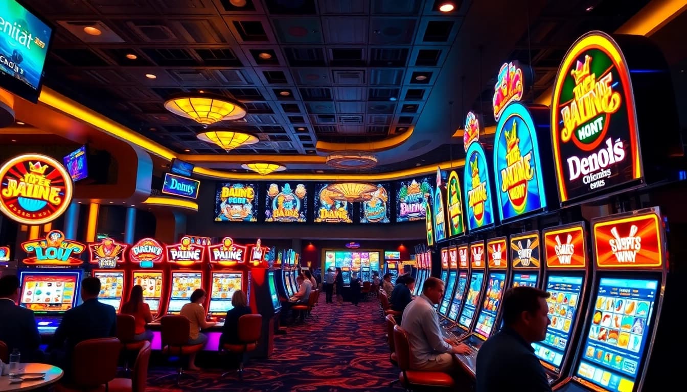 Engaging scene of slot gambling with vibrant machines in an exciting casino atmosphere.