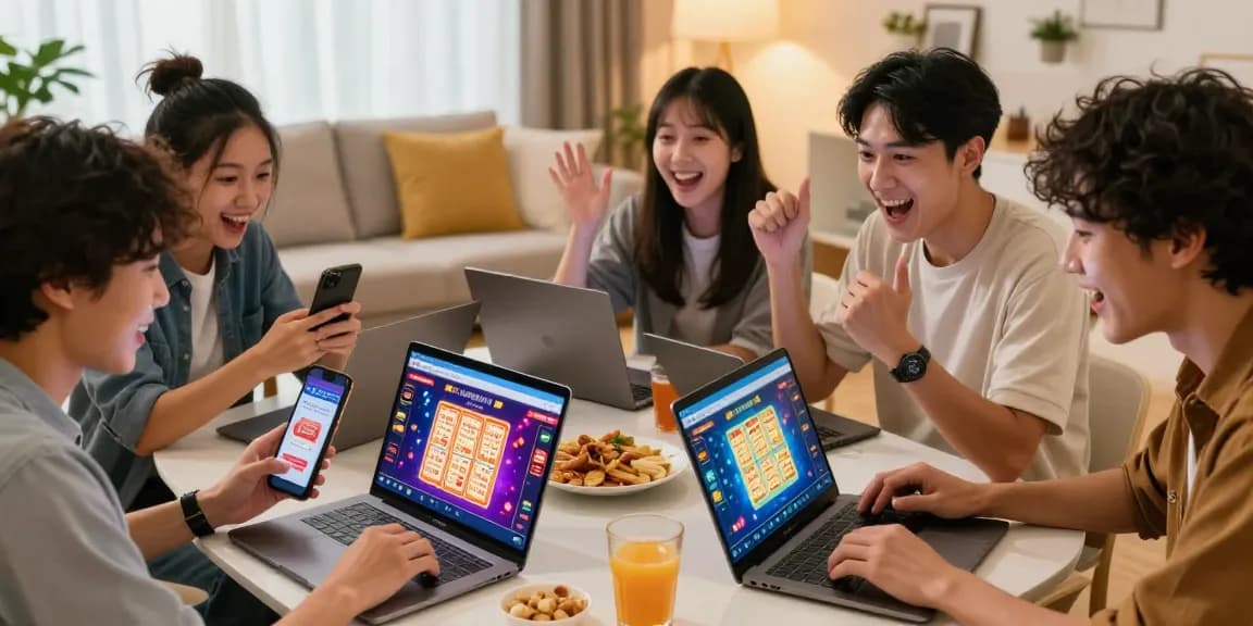 Dewatogel users celebrating lottery wins with laptops and smartphones in a cozy living room.