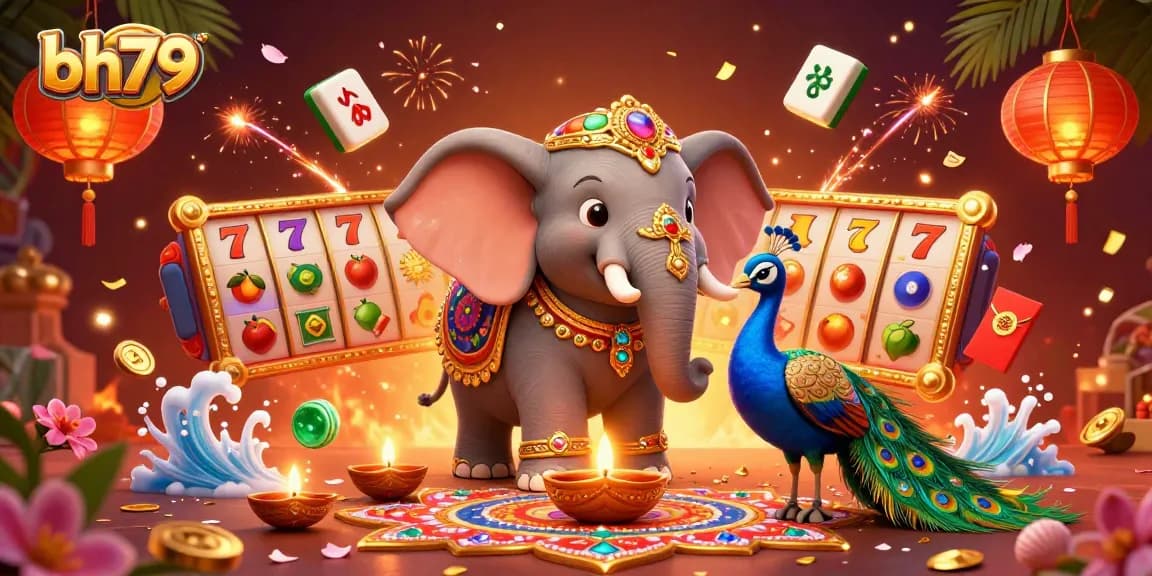 Engaging 3D scene of bh79 with a Diwali-themed elephant, casino slot symbols, and festive elements.