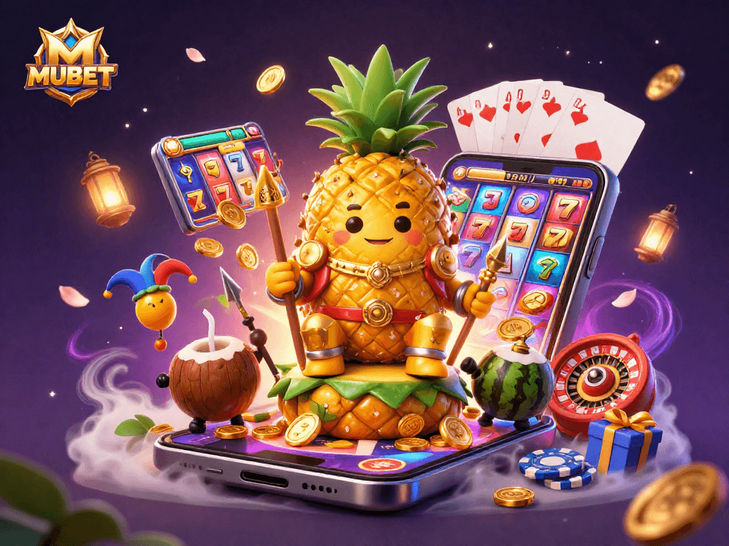 MUBET offers an exciting gaming experience with colorful slots, a pineapple king, and playful characters.