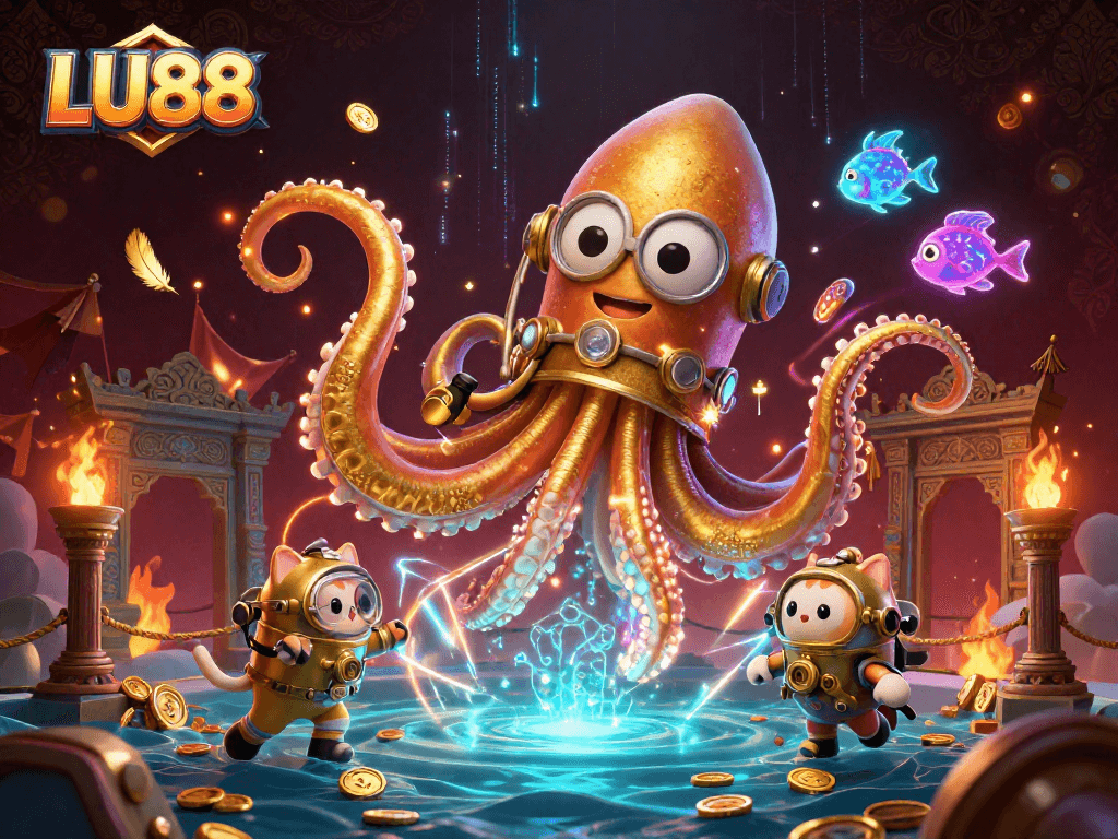 LU88’s thrilling casino adventure with a grand kraken, diver, and glowing fish amid a treasure ocean.