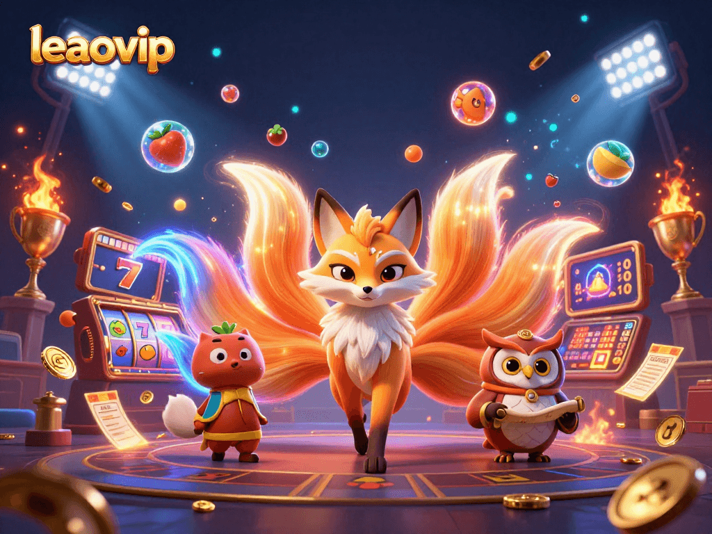Experience the magic of leaovip with a vibrant scene featuring a colorful nine-tailed fox and wise owl in a casino.