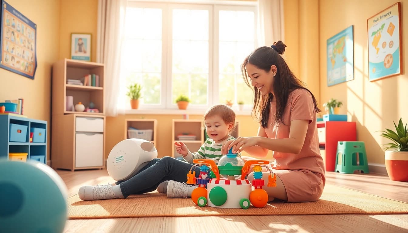 Engaging in ABA therapy in Brighton with a therapist and child in a colorful room.