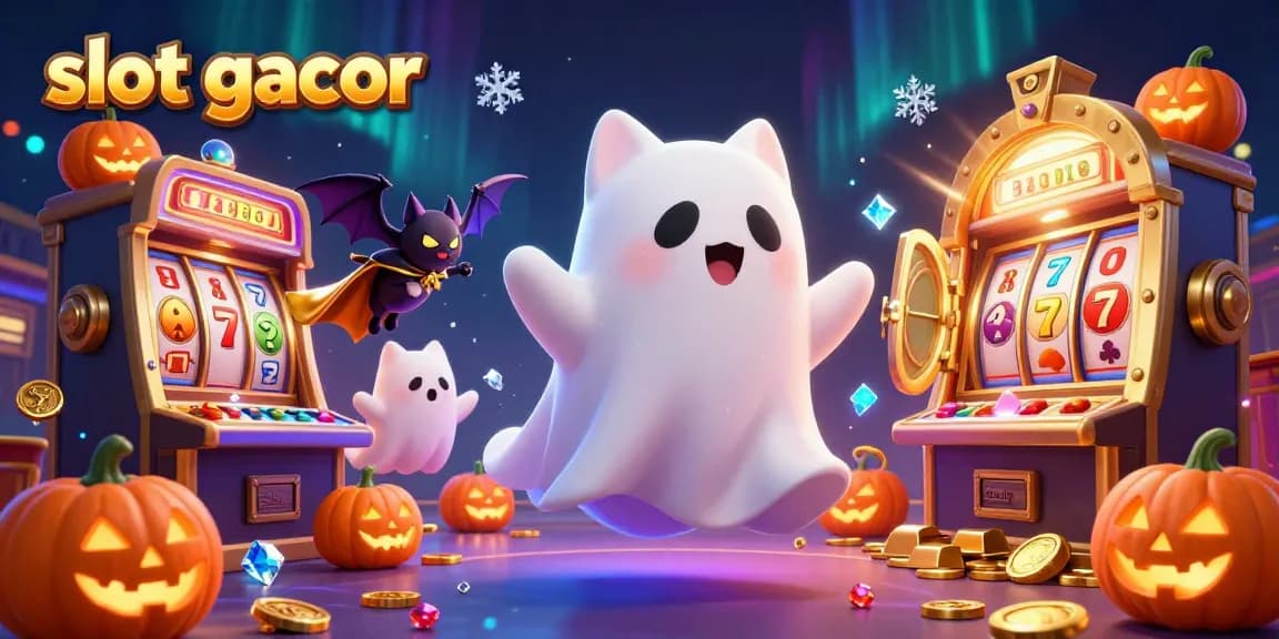 Engage with slot gacor mechanics through a lively 3D scene featuring animated ghostly characters and dynamic casino elements.