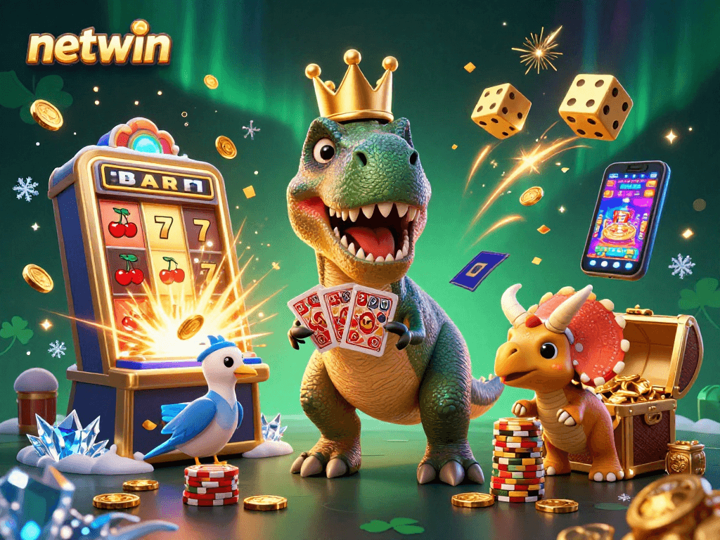 Experience netwin slots with a T-Rex shuffling cards, surrounded by jackpot symbols and vibrant casino elements.