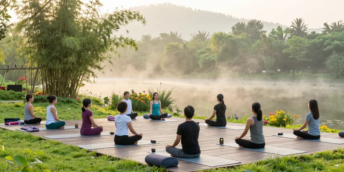 Yoga session at a wellness retreat during sunrise with nature backdrop.