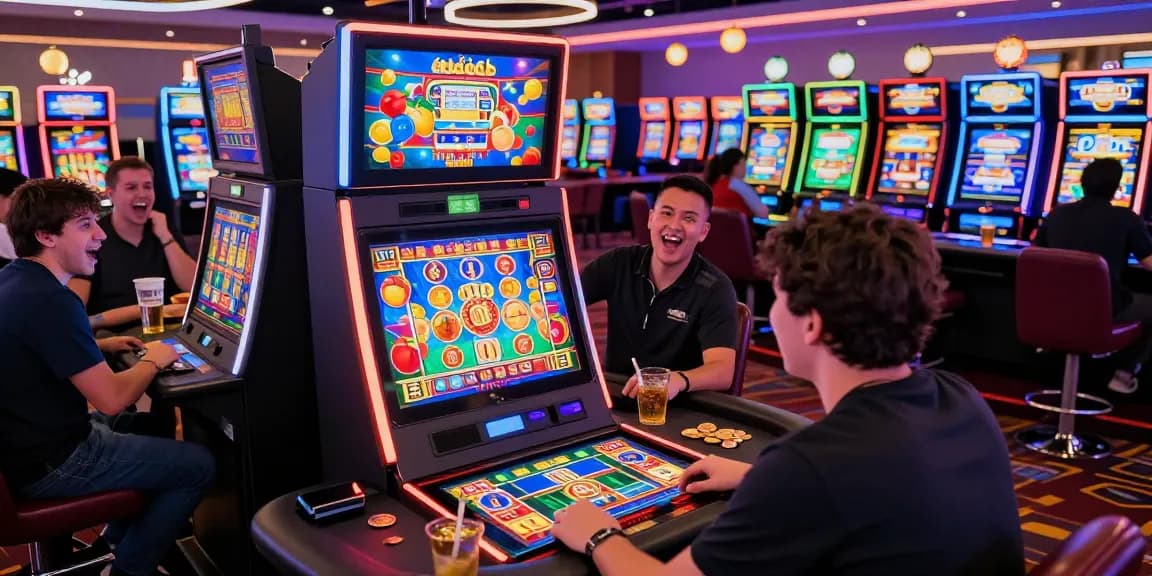Engaged player at a vibrant bandar slot machine in an exciting casino setting.