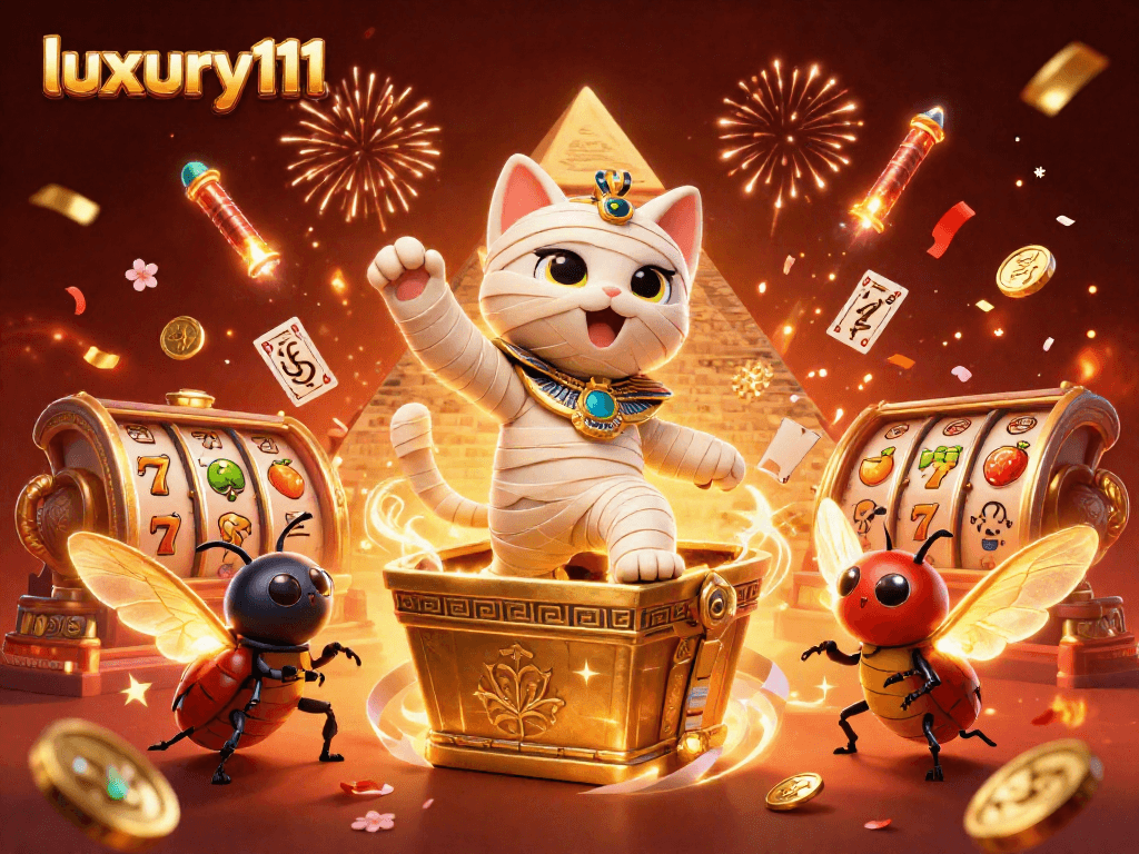 Luxury111 brings excitement to the casino with vibrant 3D mummy cat and dynamic elements.