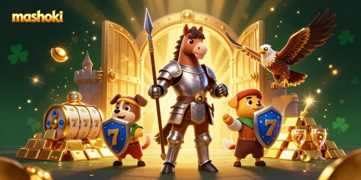 Experience thrill with mashoki as the knight, puppy, and falcon discover golden treasures and slot reels.