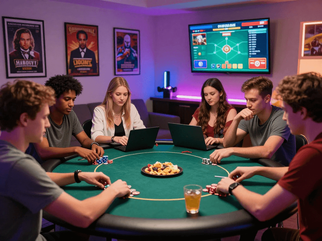 Friends enjoying an exciting Poker88 gaming night around a modern table with laptops.