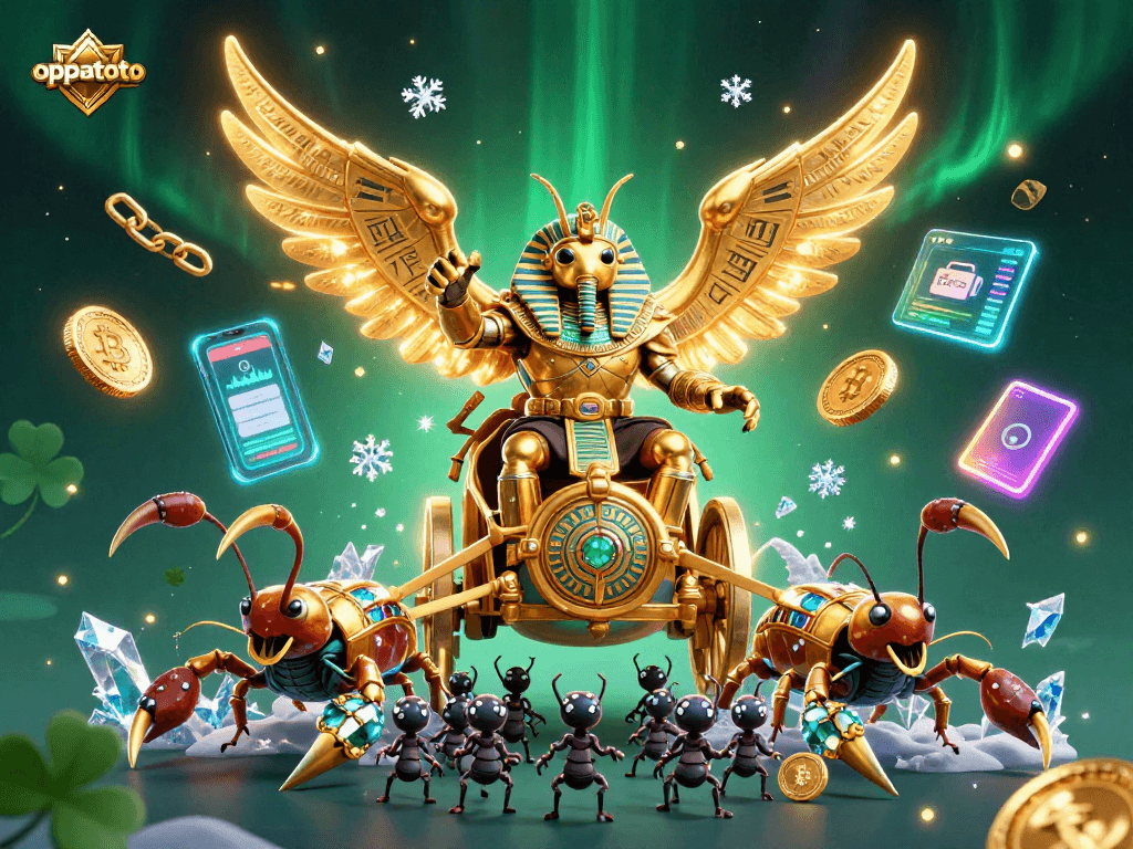 Engage with oppatoto's vibrant 3D illustration of casino excitement featuring a colossal scarab and scorpions.