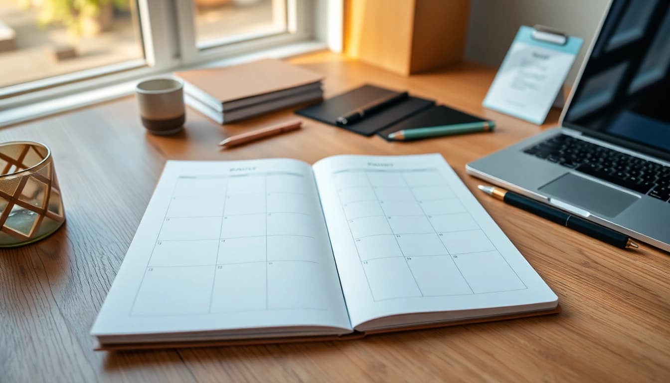 Effortless Daily Organization depicted through a serene workspace with a daily planner and natural light.