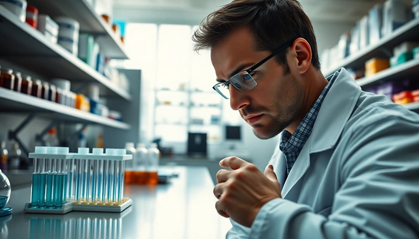 Analyze the peptide cagri in a professional lab setting with vibrant colors and focused atmosphere.