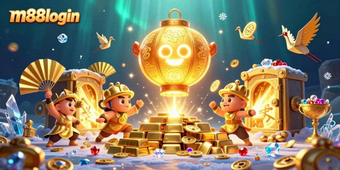 Experience thrilling online gaming at m88login, featuring vibrant characters and golden treasures in a dynamic casino.