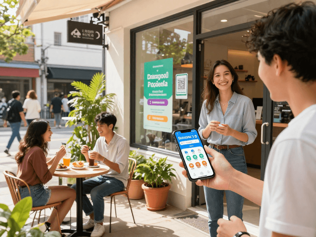 Business owner demonstrating the loyalty app at a welcoming storefront, showcasing customer engagement and rewards.