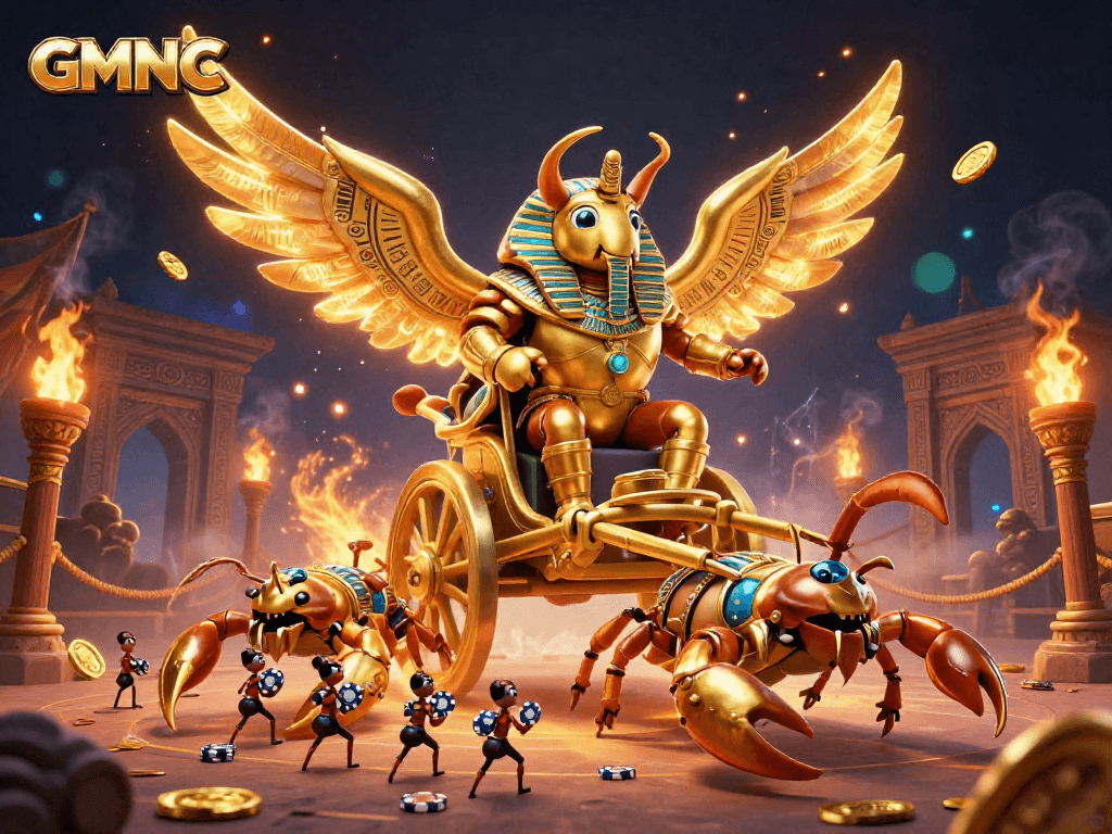 Engage with GMNC's thrilling gaming scene, featuring a colossal scarab beetle amidst casino elements.