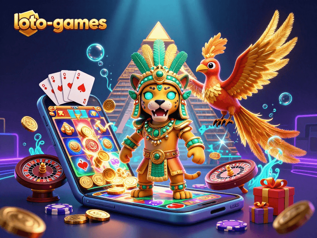 Experience electrifying loto-games action with a glimmering Mayan priest and vibrant gaming elements!