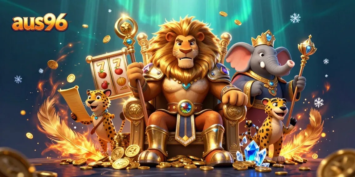 Experience the thrill of gaming at aus96 with an exciting 3D casino scene featuring a lion king and vibrant slot machines.