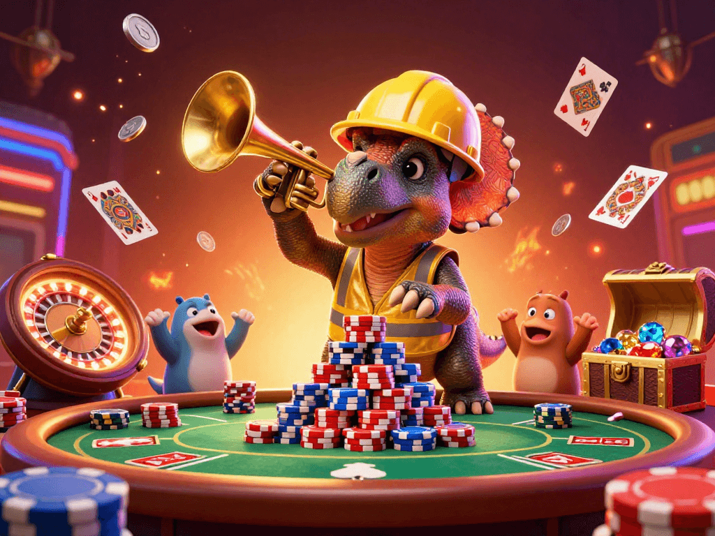 Engage with nohu-nine at the lively casino scene featuring upbeat characters, poker chips, and dynamic game elements.
