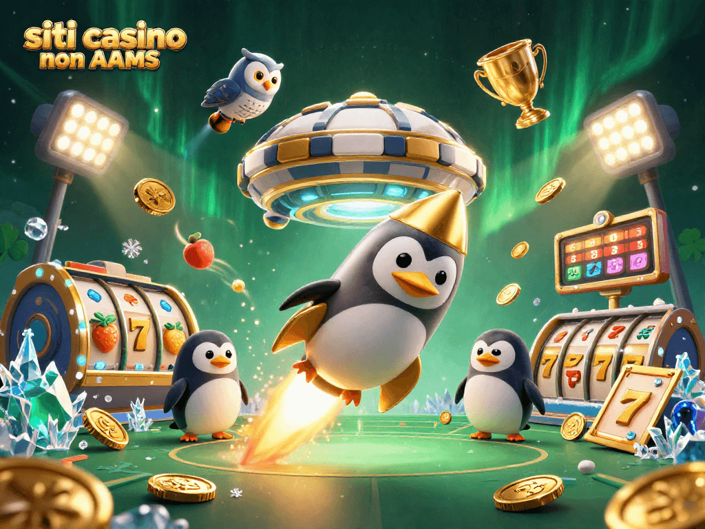 Il logo "siti casino non AAMS" brilla mentre il pinguino d'oro attraversa lo spazio verso le slot.