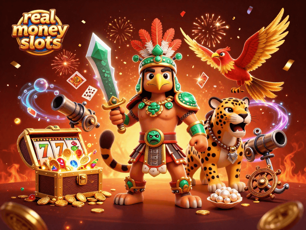 Spin real money slots with an Aztec warrior in vibrant, festive gaming environment.